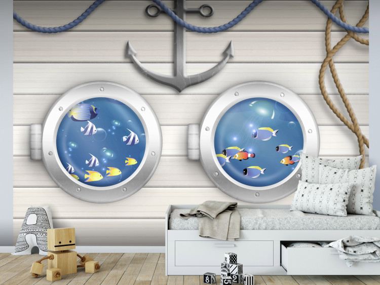 Wall Mural Sailor's adventure - colourful fish and white ship motif for children 143223