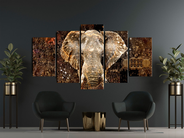 Canvas Golden Elephant (5-piece) Wide - massive animal and abstraction in the background 143423 additionalImage 3
