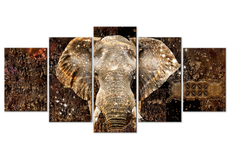Canvas Golden Elephant (5-piece) Wide - massive animal and abstraction in the background 143423