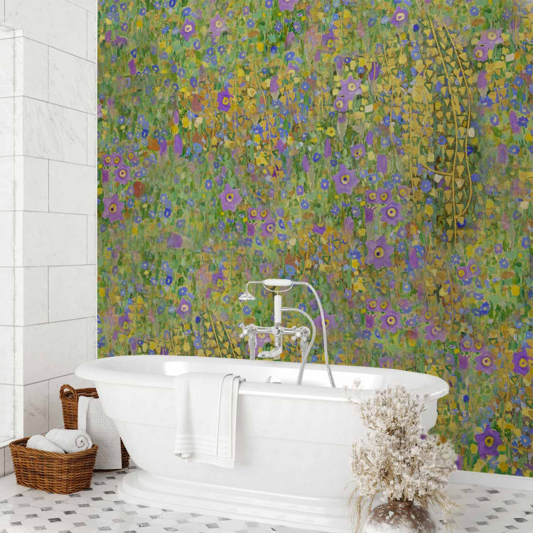 Wall Mural Painted meadow - abstract with a composition of blue and yellow flowers 143823 additionalImage 8