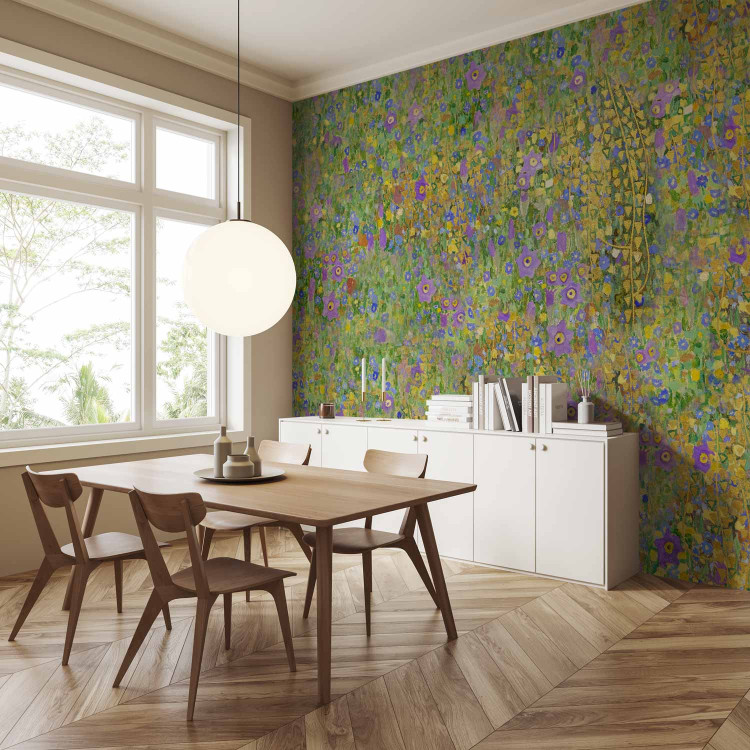 Wall Mural Painted meadow - abstract with a composition of blue and yellow flowers 143823 additionalImage 7