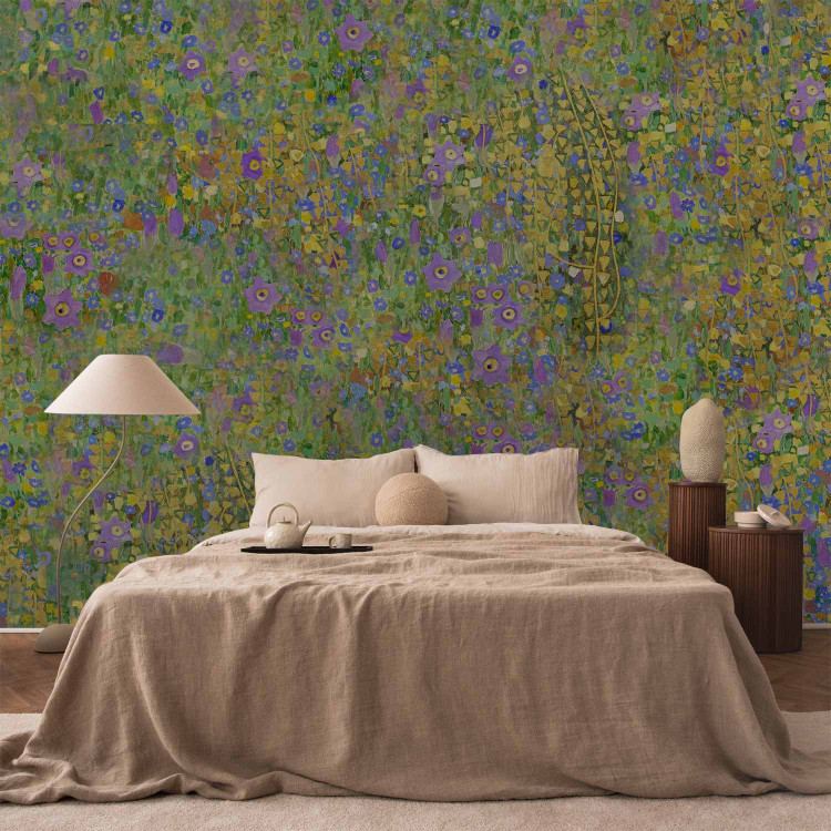 Wall Mural Painted meadow - abstract with a composition of blue and yellow flowers 143823 additionalImage 2