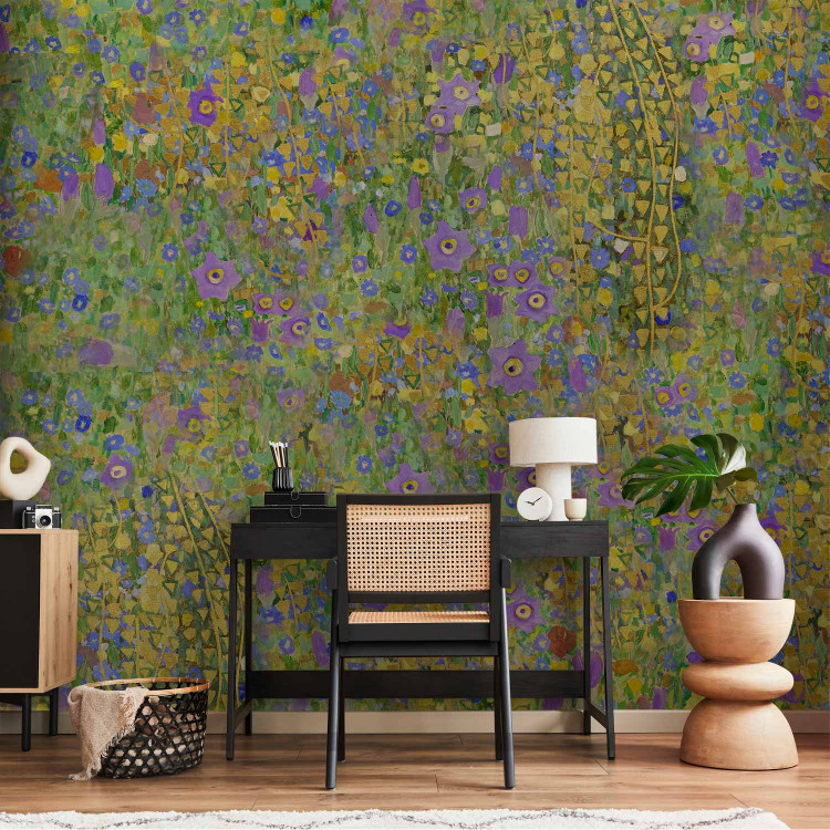 Wall Mural Painted meadow - abstract with a composition of blue and yellow flowers 143823 additionalImage 4