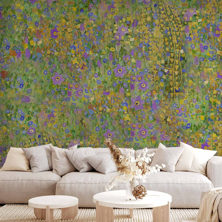Wall Mural Painted meadow - abstract with a composition of blue and yellow flowers 143823