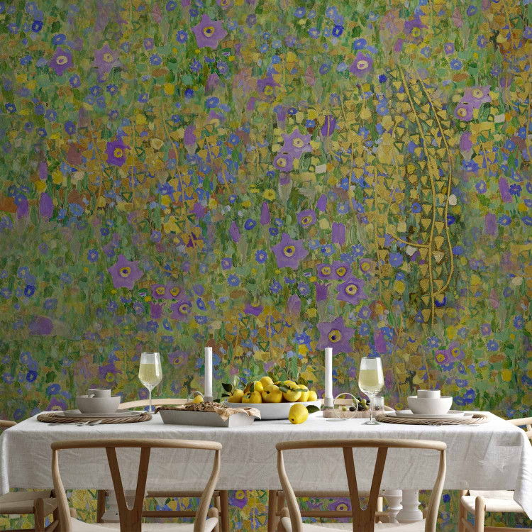 Wall Mural Painted meadow - abstract with a composition of blue and yellow flowers 143823 additionalImage 6