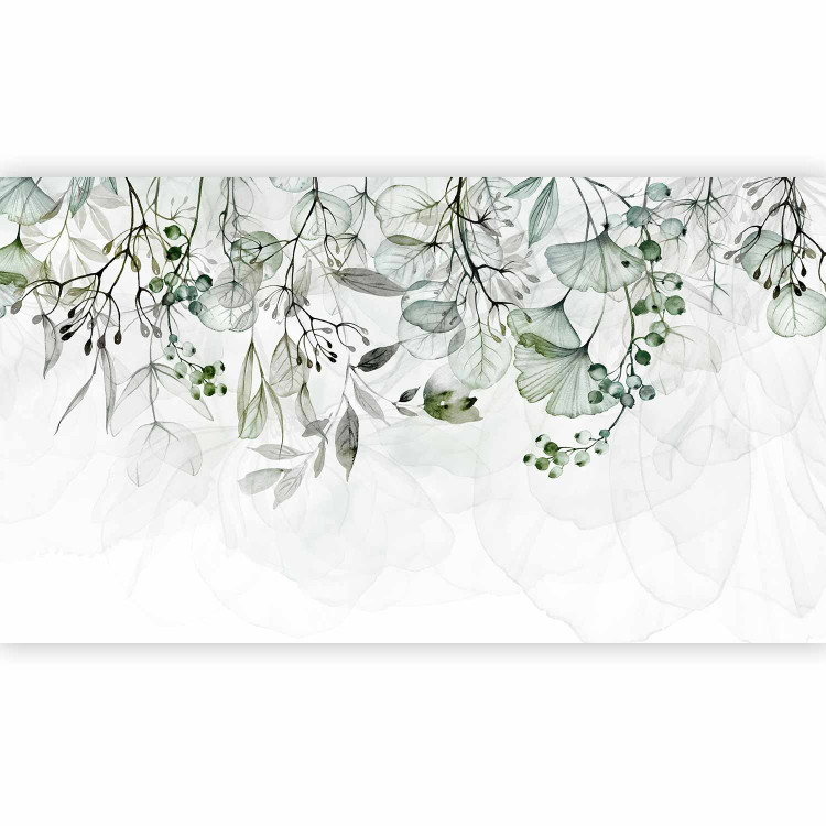 Photo Wallpaper Watercolor Nature - Green Leaves, Flowers and Fruit on a Light Background 146423 additionalImage 1