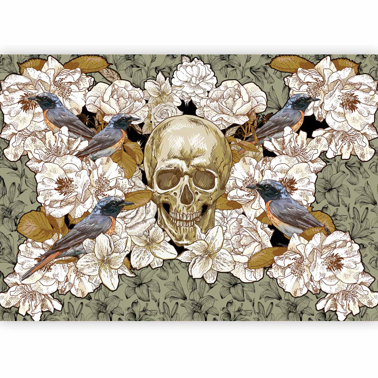 Photo Wallpaper Among the Flowers - fantasy motif with birds and a skull on a floral background 59723 additionalImage 1