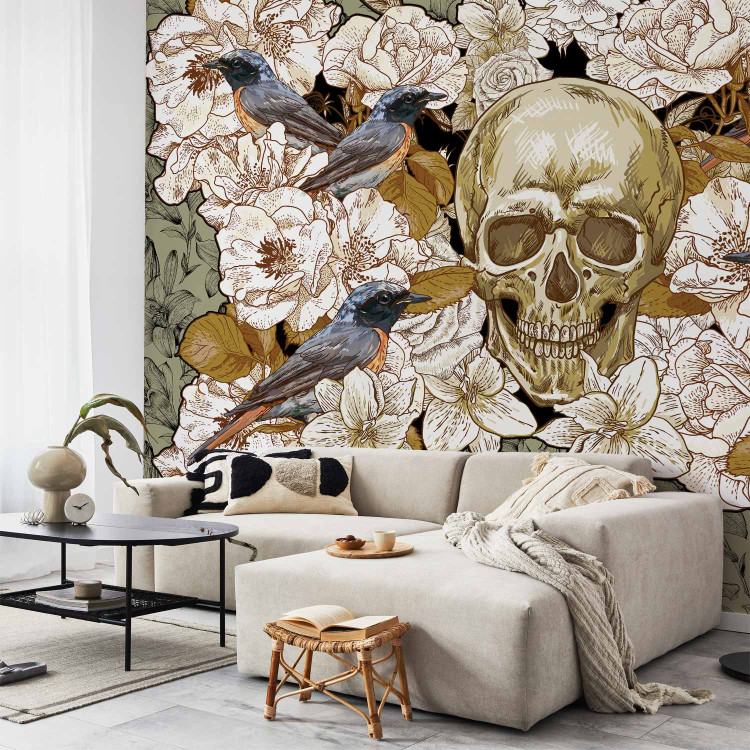 Photo Wallpaper Among the Flowers - fantasy motif with birds and a skull on a floral background 59723
