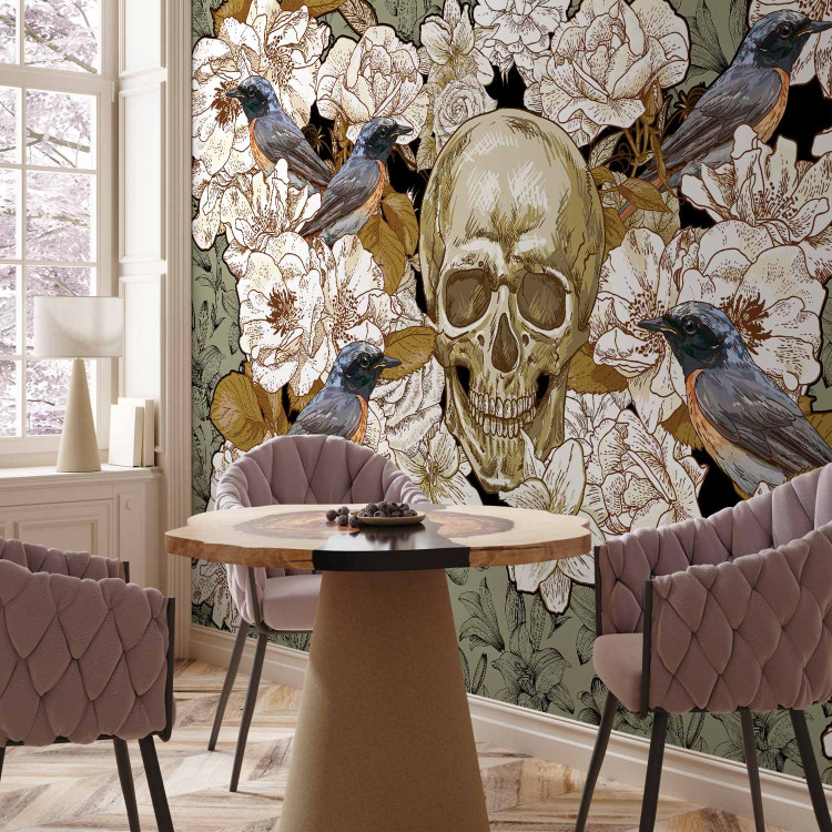 Photo Wallpaper Among the Flowers - fantasy motif with birds and a skull on a floral background 59723 additionalImage 7