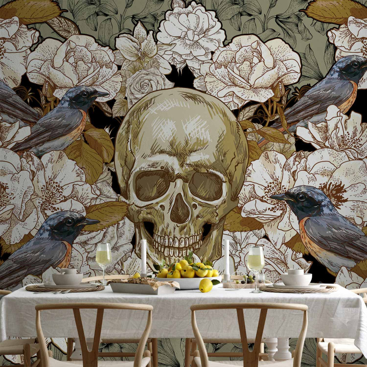 Photo Wallpaper Among the Flowers - fantasy motif with birds and a skull on a floral background 59723 additionalImage 4