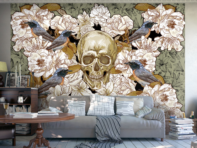 Photo Wallpaper Among the Flowers - fantasy motif with birds and a skull on a floral background 59723