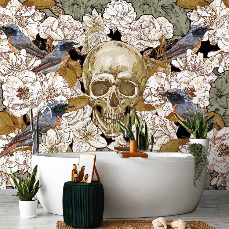 Photo Wallpaper Among the Flowers - fantasy motif with birds and a skull on a floral background 59723 additionalImage 8