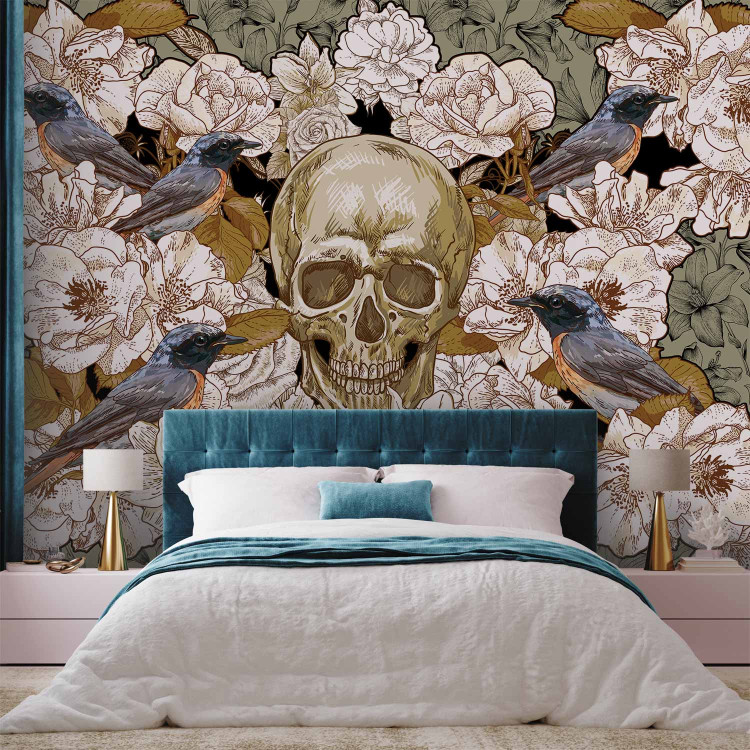 Photo Wallpaper Among the Flowers - fantasy motif with birds and a skull on a floral background 59723 additionalImage 2