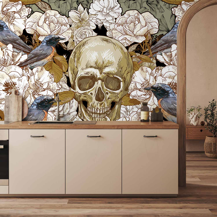 Photo Wallpaper Among the Flowers - fantasy motif with birds and a skull on a floral background 59723 additionalImage 6