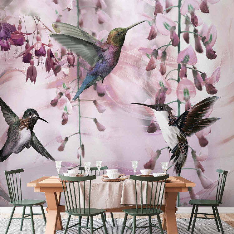 Photo Wallpaper Flying birds - motif of hummingbirds among flowers in pink shades 108033 additionalImage 6