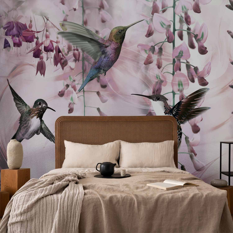 Photo Wallpaper Flying birds - motif of hummingbirds among flowers in pink shades 108033 additionalImage 2