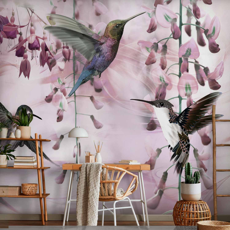 Photo Wallpaper Flying birds - motif of hummingbirds among flowers in pink shades 108033 additionalImage 4
