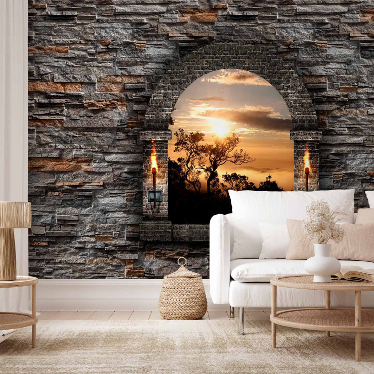 Wall Mural View from a castle window - landscape with outlines of trees at sunset 114933