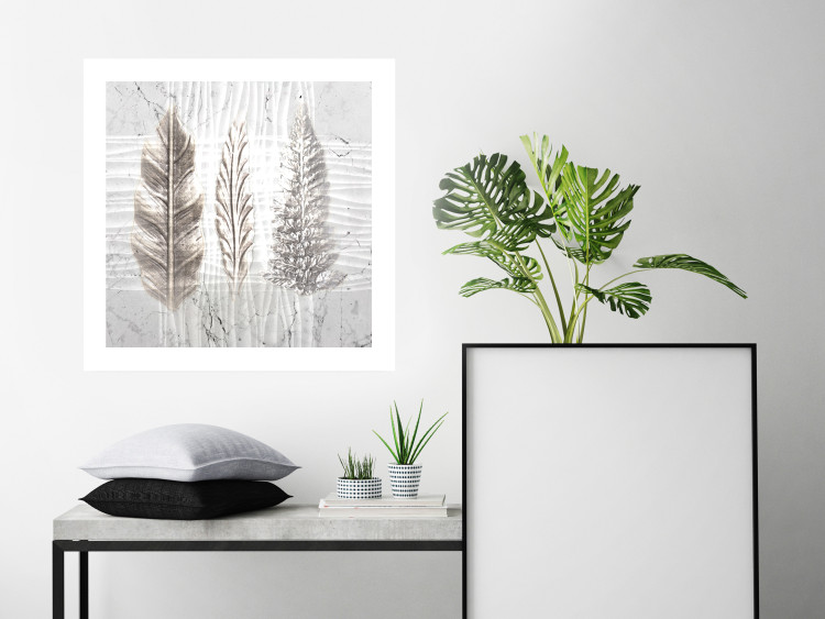 Wall Poster Three Leaves - light composition with a plant motif on a marble background 120833 additionalImage 3