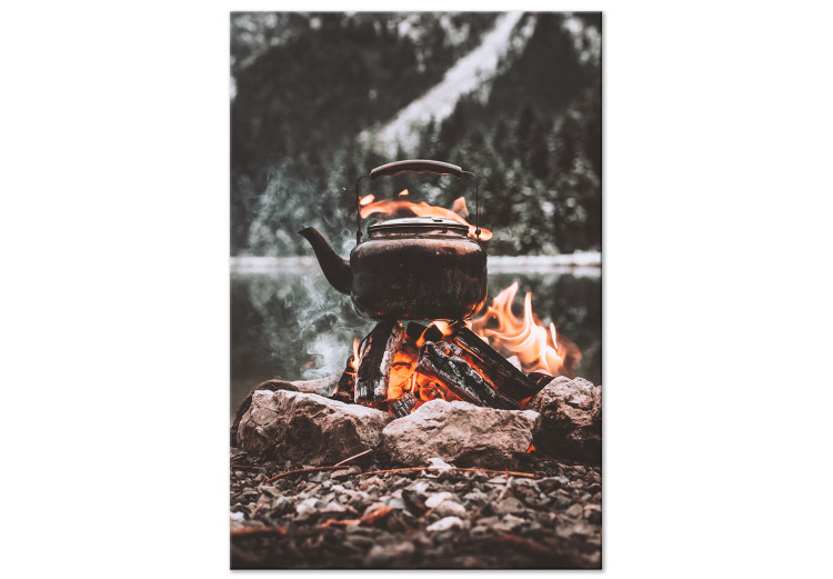 Canvas Print Campfire - Abstraction in the style of vintage and retro with a copper kettle on a burning campfire amidst 126833