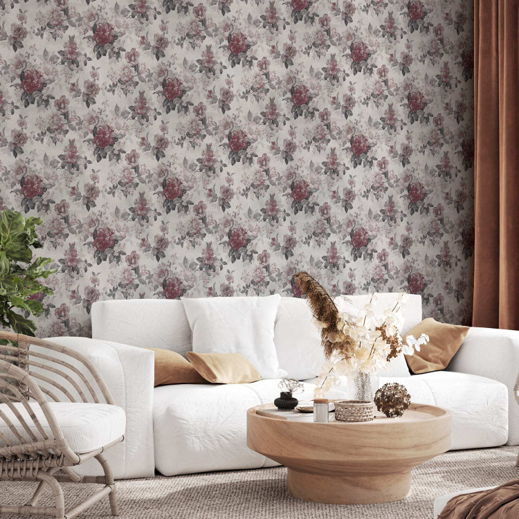 Modern Wallpaper Peonies and Lilacs - White and Pink Flowers With Gray Leaves on a Light Background 150033
