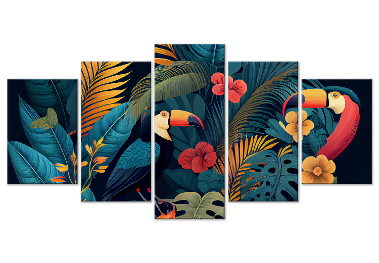 Canvas Art Print Birds in the Tropics - Toucans Among Lush Exotic Flowers and Foliage 151833