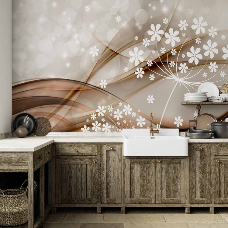 Photo Wallpaper Composition with sparkle - white graphic flowers on a brown wave background 66233 additionalImage 6