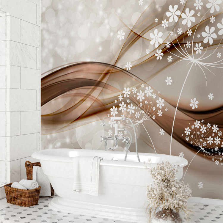 Photo Wallpaper Composition with sparkle - white graphic flowers on a brown wave background 66233 additionalImage 8