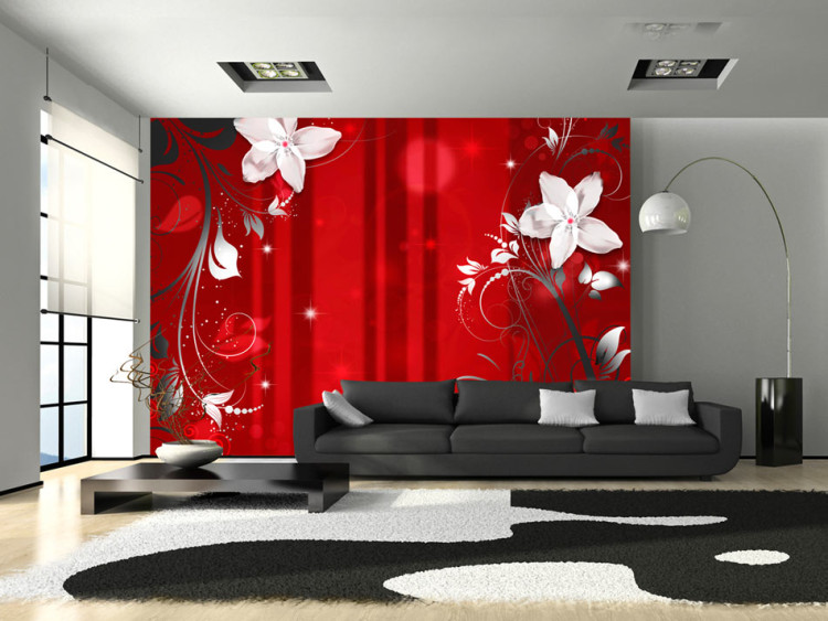 Photo Wallpaper Abstract in red - white flower motif with patterns and sparkles 97333