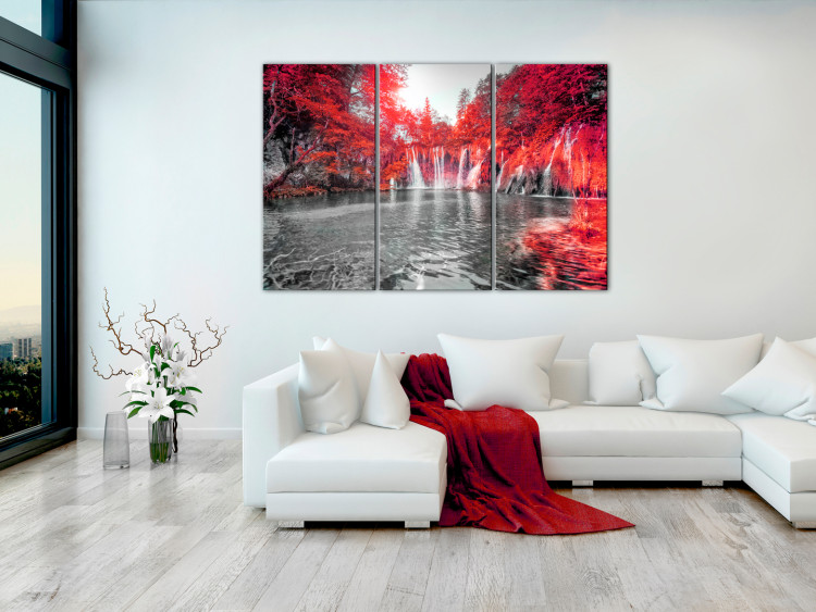 Canvas Art Print Ruby Forest Waterfalls - Waterfall Landscape with Red Forest Background 97733 additionalImage 3