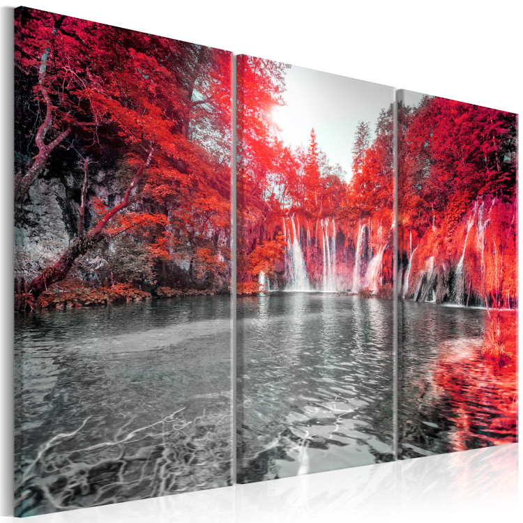Canvas Art Print Ruby Forest Waterfalls - Waterfall Landscape with Red Forest Background 97733 additionalImage 2