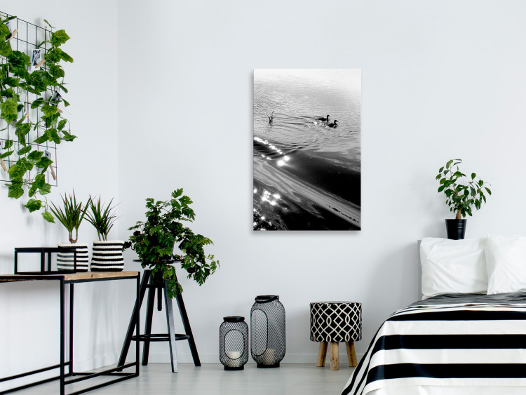 Canvas Art Print Duck's friendship - black and white photo of two birds in the water 115043 additionalImage 3