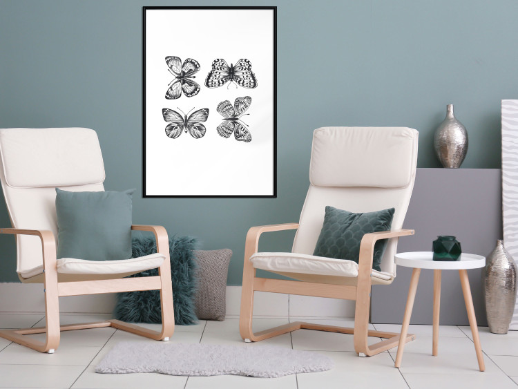 Poster Four Butterflies - simple black and white composition with scaled-winged insects 116943 additionalImage 5
