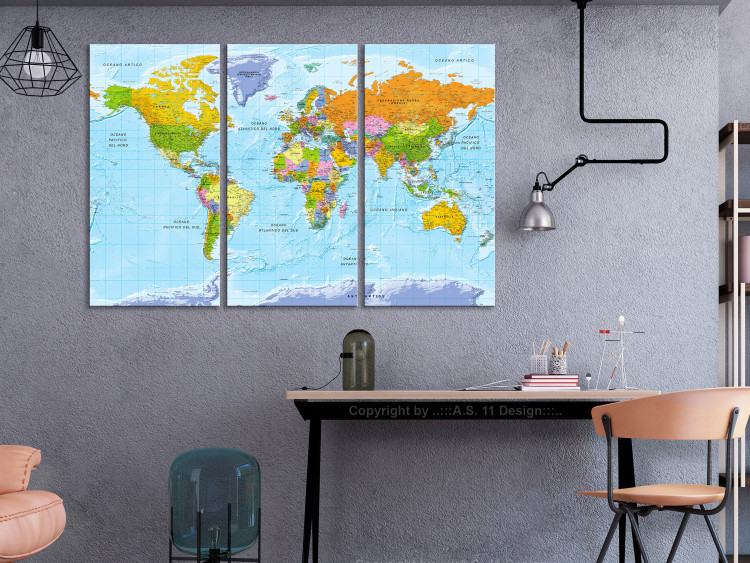 Canvas Print World Map in Italian (3-part) - Colorful Continent Shades 122343 additionalImage 3