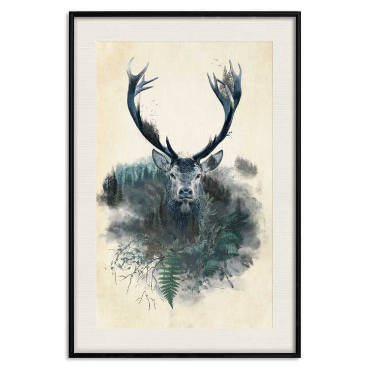 Wall Poster Forest Spirit - abstract dark deer with large antlers on a beige background 130343 additionalImage 19