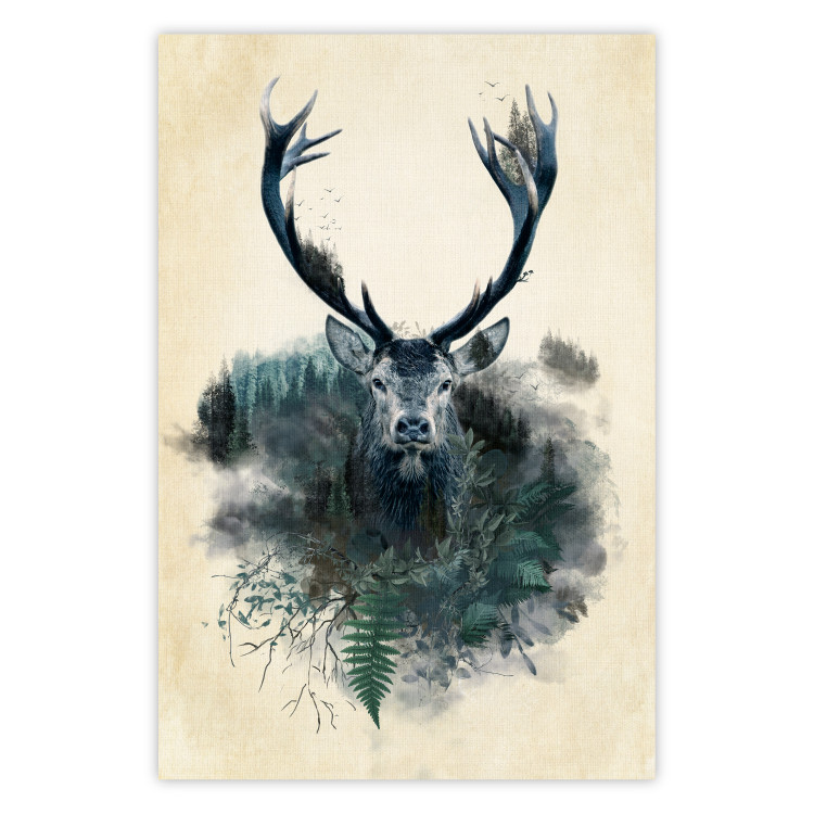Wall Poster Forest Spirit - abstract dark deer with large antlers on a beige background 130343
