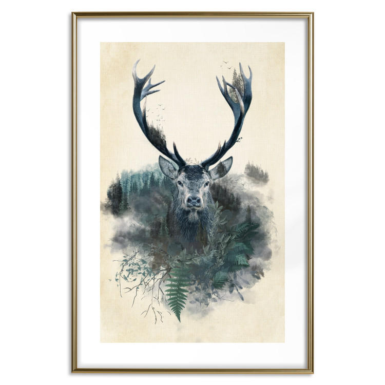 Wall Poster Forest Spirit - abstract dark deer with large antlers on a beige background 130343 additionalImage 16