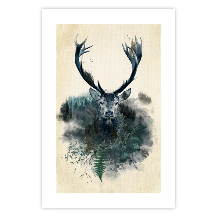 Wall Poster Forest Spirit - abstract dark deer with large antlers on a beige background 130343 additionalImage 25