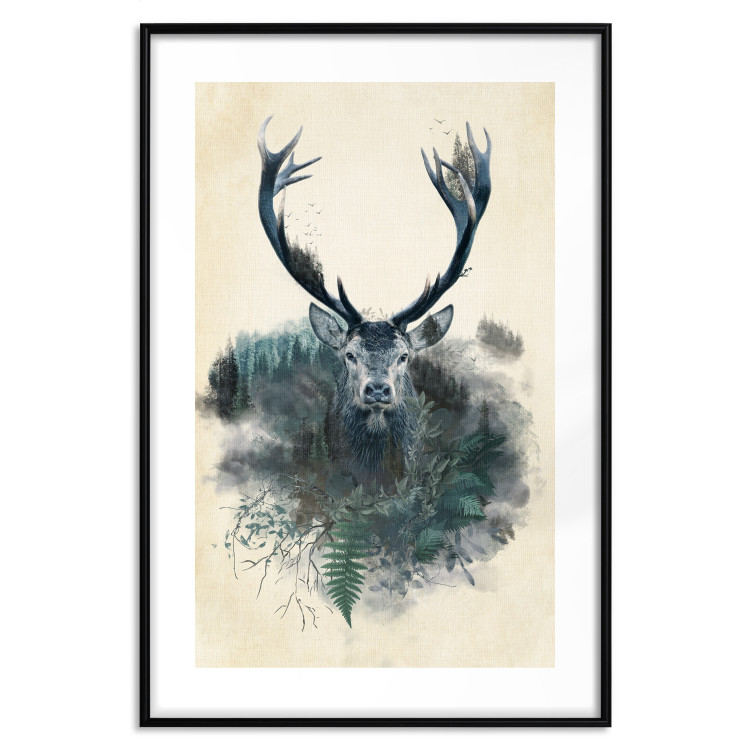 Wall Poster Forest Spirit - abstract dark deer with large antlers on a beige background 130343 additionalImage 17