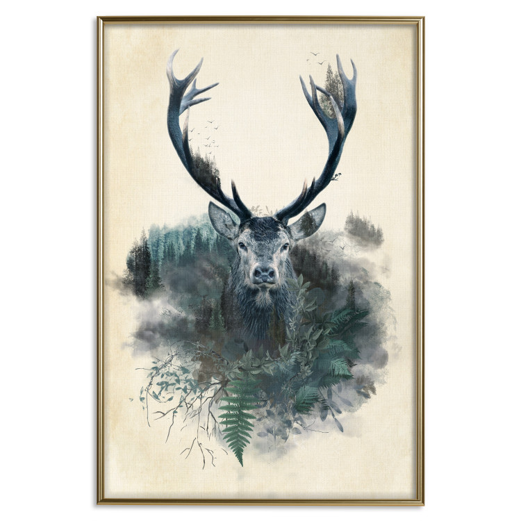 Wall Poster Forest Spirit - abstract dark deer with large antlers on a beige background 130343 additionalImage 21
