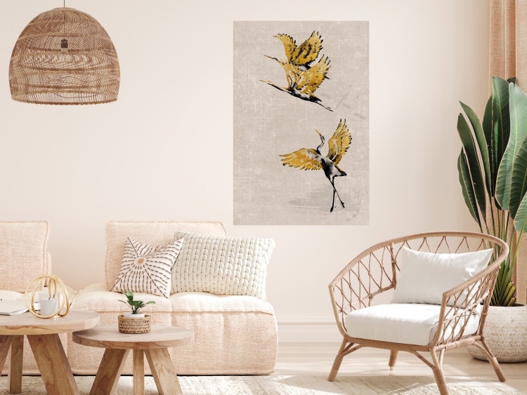 Poster Golden Geese - pattern of flying birds and beige background in scandi boho style 136543 additionalImage 4