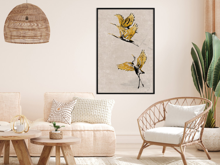 Poster Golden Geese - pattern of flying birds and beige background in scandi boho style 136543 additionalImage 5