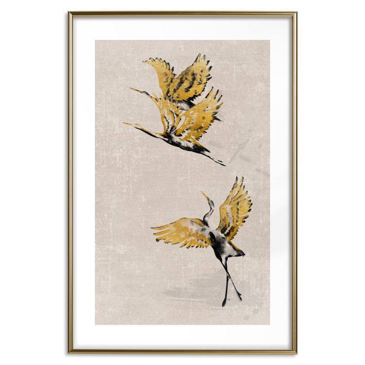 Poster Golden Geese - pattern of flying birds and beige background in scandi boho style 136543 additionalImage 25