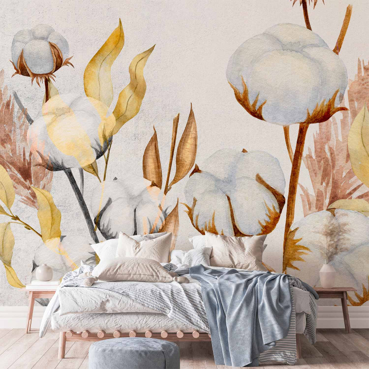 Wall Mural Boho motif - painted leaves and cotton flowers in shades of blue 143843 additionalImage 2
