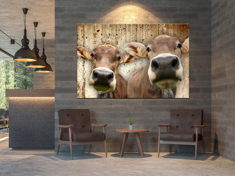Canvas Art Print Portrait of Two Cows (1-piece) - animals against a concrete wall 145143 additionalImage 3