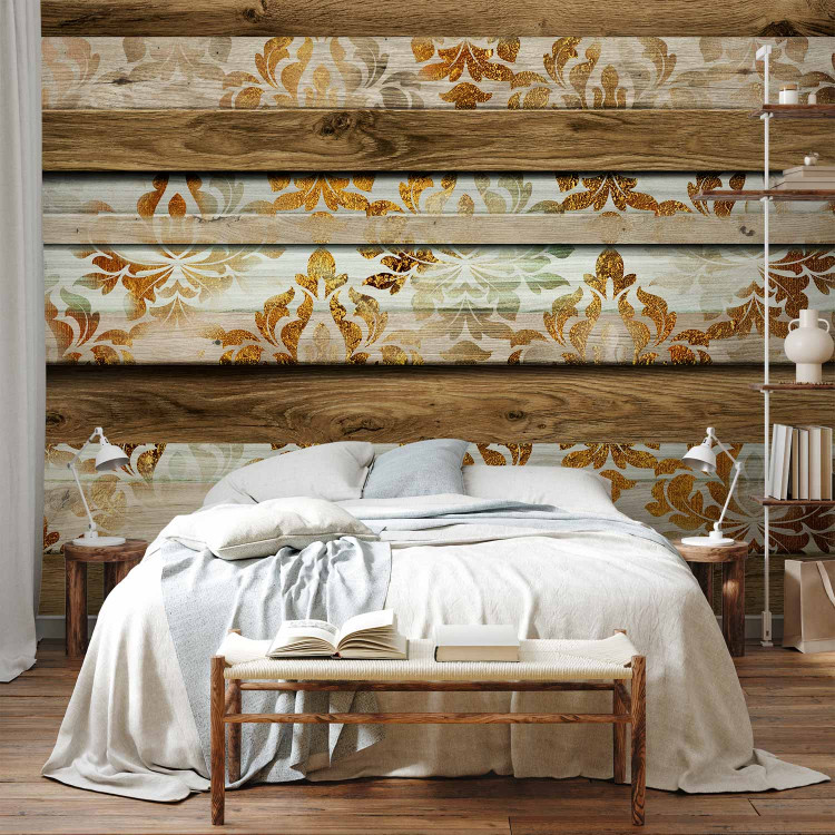 Wall Mural Wooden elegance - background with wood motif and white and gold ornaments 88843 additionalImage 2