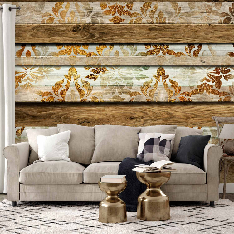 Wall Mural Wooden elegance - background with wood motif and white and gold ornaments 88843