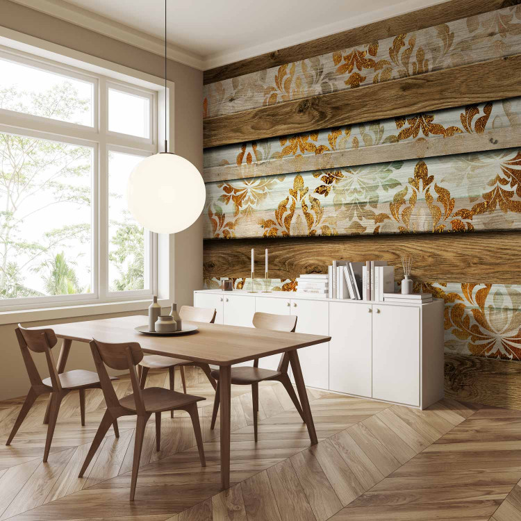 Wall Mural Wooden elegance - background with wood motif and white and gold ornaments 88843 additionalImage 4