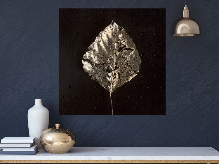 Poster Twilight of Summer - abstraction with a golden leaf on a background of deep black 118753 additionalImage 23
