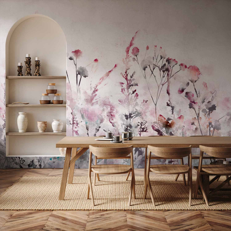 Wall Mural Watercolour meadow - delicate plants in shades of pink on a light background 134453 additionalImage 4
